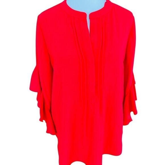 VINCE CAMUTO Ruffle Sleeve Split Neck Blouse Cherry Red size Small. - Picture 6 of 13